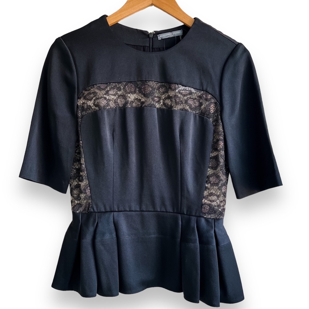 NWT Alexander McQueen Black Cutout Lace Peplum Top - Size EU 42 / US 6